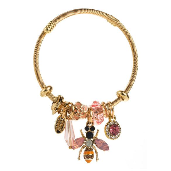 Unisex Fashion Diamond Inlaid Titanium Steel Bracelet With Bee And Flower Animal Zodiac Pendant