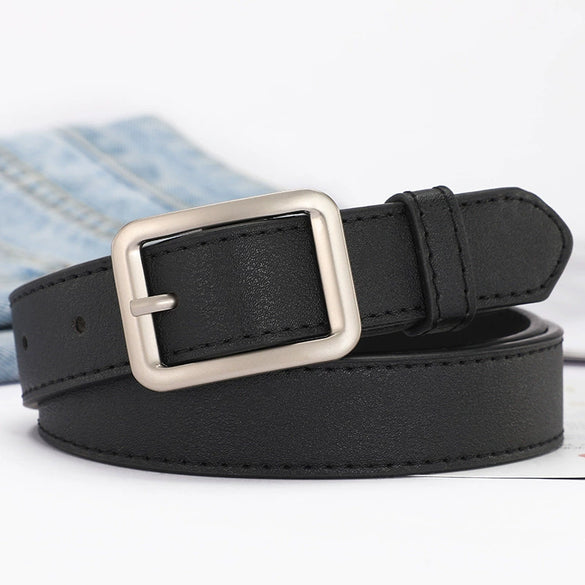 Unisex Fashion Imitation Leather Belt With Rectangle Alloy Pin Buckle All Match Decorative Black