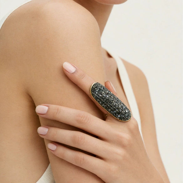 Unisex Geometric Long Rhinestone Ring In Zinc Alloy With Polished Electroplated Finish And Contrasting Color Design