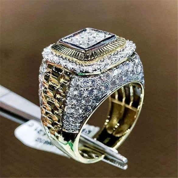 Unisex Geometric Metal Ring With Gold Tone Electroplated Finish And Cluster Inlaid Design Hip Hop Style Jewelry