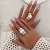 Unisex Geometric Pearl Rings Polished Zinc Alloy Wide Band Rings With Smooth Surface Design