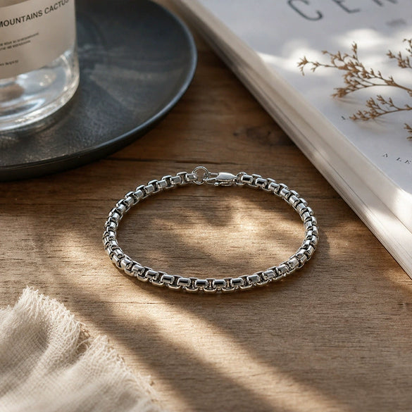 Unisex Geometric Square Box Chain Bracelet In Plated Stainless Steel Minimalist Jewelry For Men And Women