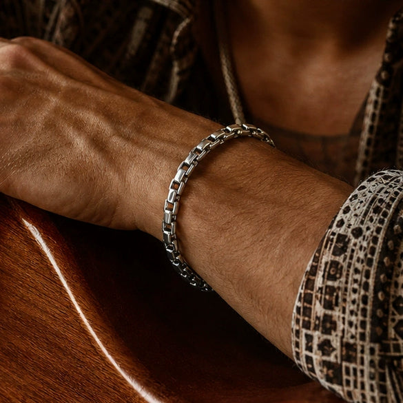 Unisex Geometric Square Box Chain Bracelet In Plated Stainless Steel Minimalist Jewelry For Men And Women