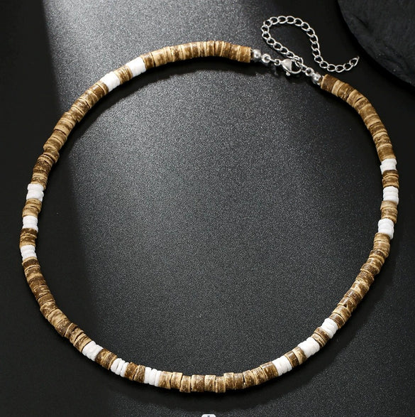 Unisex Geometric Style Coconut Shell And Wooden Beads Necklace With O Word Chain And Electroplating
