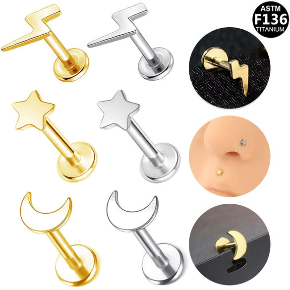 Unisex Geometric Titanium Alloy And Copper Stainless Steel Electroplated Earring And Lip Nail With Star Moon Lightning Pattern