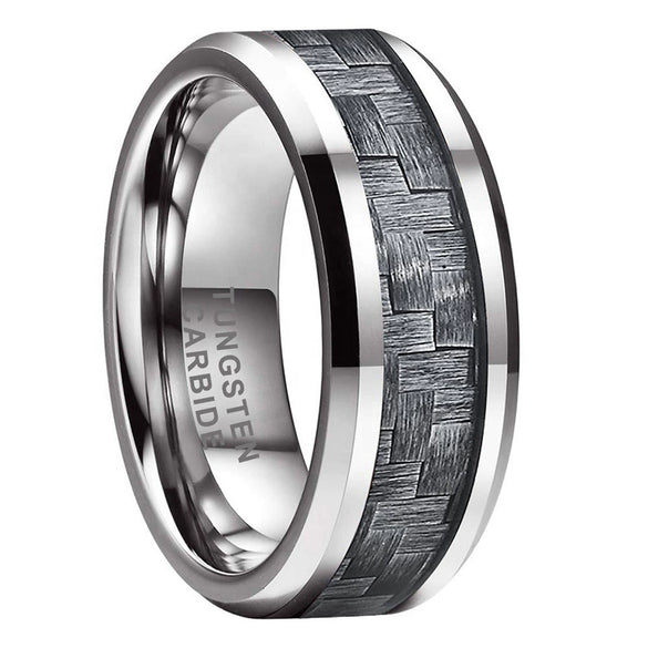 Unisex Geometric Tungsten Steel Ring With Black Electroplated Finish And Blue Carbon Fiber Inlay