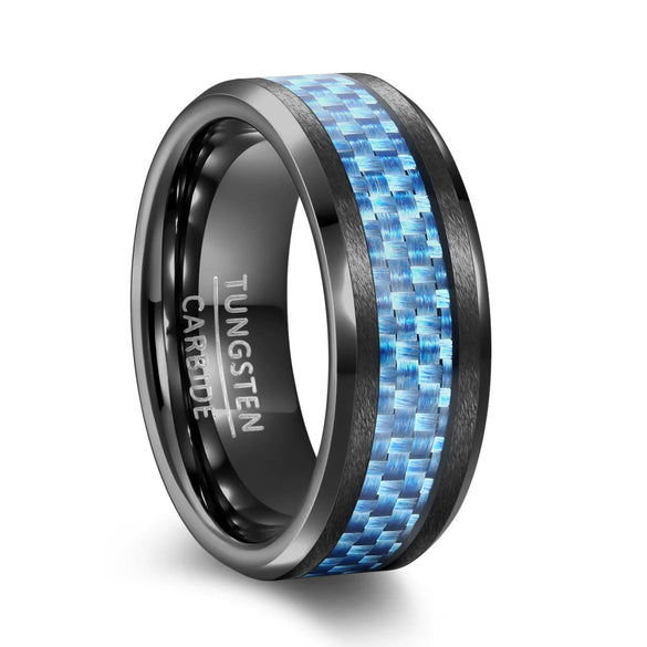 Unisex Geometric Tungsten Steel Ring With Black Electroplated Finish And Blue Carbon Fiber Inlay