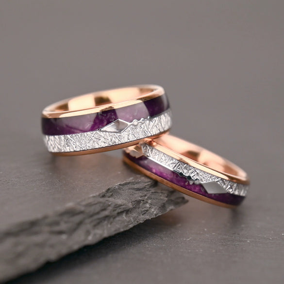 Unisex Geometric Tungsten Steel Ring With Rose Gold Plating Purple Lapis Lazuli And Imitation Meteorite Inlay Light Luxury Jewelry