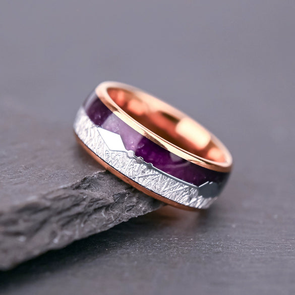 Unisex Geometric Tungsten Steel Ring With Rose Gold Plating Purple Lapis Lazuli And Imitation Meteorite Inlay Light Luxury Jewelry