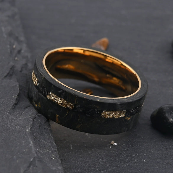 Unisex Gold Tone Carbon Fiber Ring With Gold Foil Inlay Geometric Electroplated Design Long Lasting Fashion Jewelry