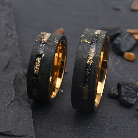 Unisex Gold Tone Carbon Fiber Ring With Gold Foil Inlay Geometric Electroplated Design Long Lasting Fashion Jewelry