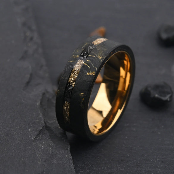 Unisex Gold Tone Carbon Fiber Ring With Gold Foil Inlay Geometric Electroplated Design Long Lasting Fashion Jewelry