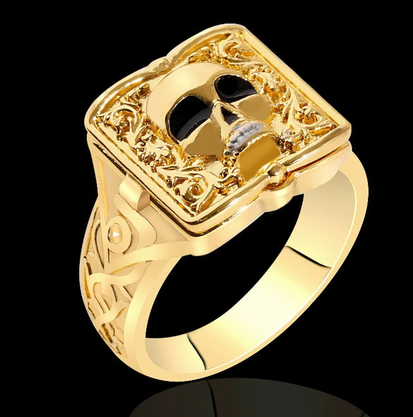Unisex Gold Tone Copper Ring With Skull Carved Pattern Geometric Shape Electroplated Fashion Jewelry