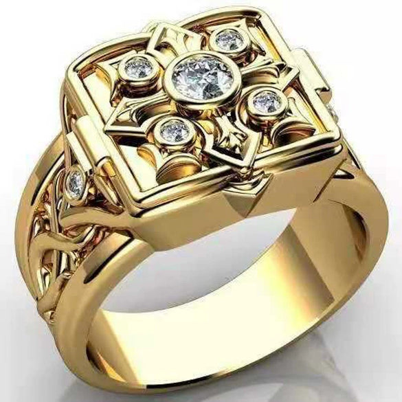 Unisex Gold Tone Copper Ring With Skull Carved Pattern Geometric Shape Electroplated Fashion Jewelry