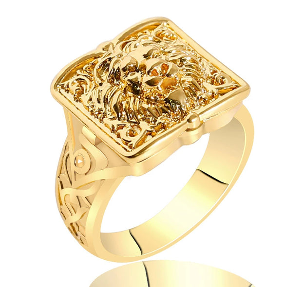 Unisex Gold Tone Copper Ring With Skull Carved Pattern Geometric Shape Electroplated Fashion Jewelry