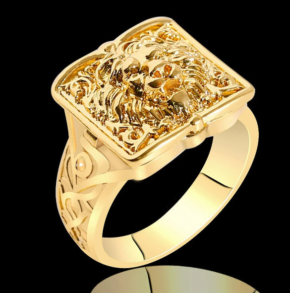 Unisex Gold Tone Copper Ring With Skull Carved Pattern Geometric Shape Electroplated Fashion Jewelry