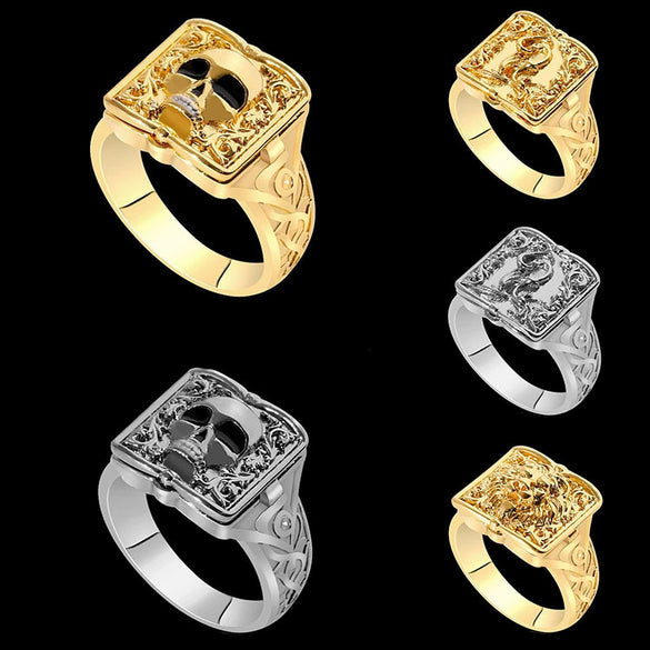 Unisex Gold Tone Copper Ring With Skull Carved Pattern Geometric Shape Electroplated Fashion Jewelry