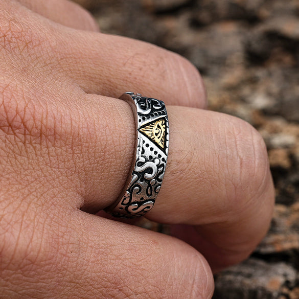 Unisex Gold Tone Stainless Steel Eye Motif Ring With Polished Finish And Distinctive Statement Style
