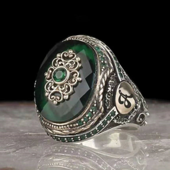 Unisex Green Zircon Geometric Ring Retro Alloy Jewelry With Electroplated Finish For Men And Women