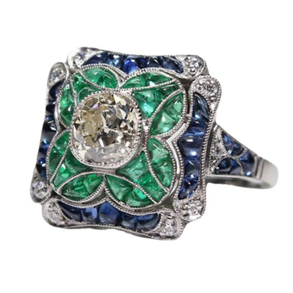 Unisex Green Zircon Geometric Ring Retro Alloy Jewelry With Electroplated Finish For Men And Women