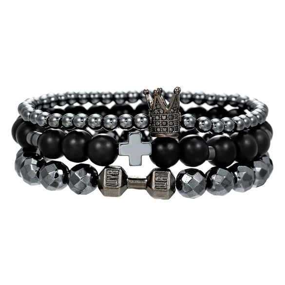 Unisex Handmade Black Gallstone Copper Alloy Geometric Beaded Bracelet With Cross Dumbbell Zircon Crown Design