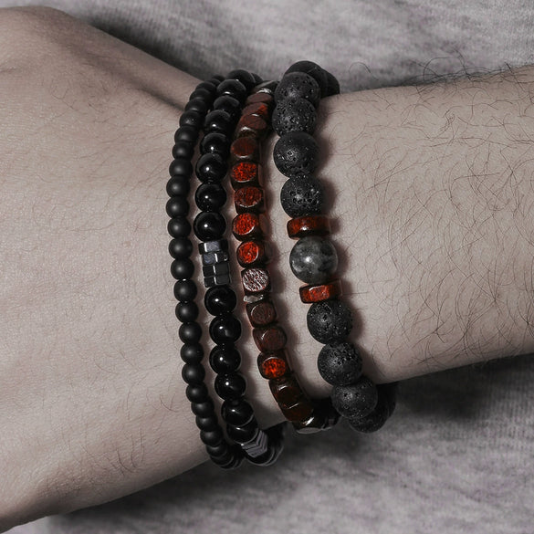 Unisex Handmade Black Gallstone Copper Alloy Geometric Beaded Bracelet With Cross Dumbbell Zircon Crown Design