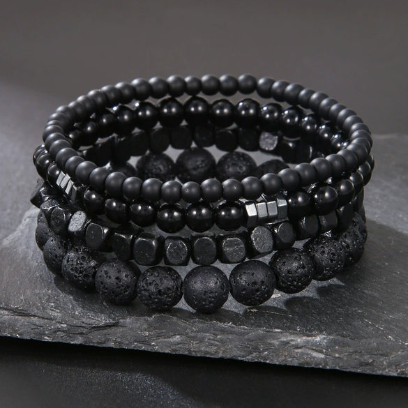 Unisex Handmade Black Gallstone Copper Alloy Geometric Beaded Bracelet With Cross Dumbbell Zircon Crown Design