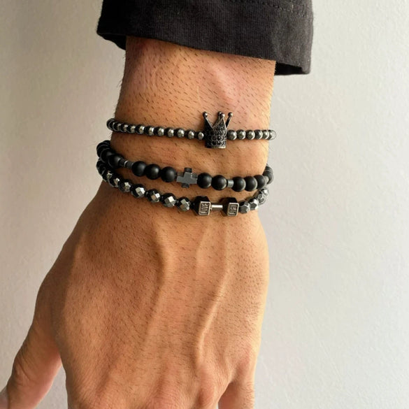 Unisex Handmade Black Gallstone Copper Alloy Geometric Beaded Bracelet With Cross Dumbbell Zircon Crown Design
