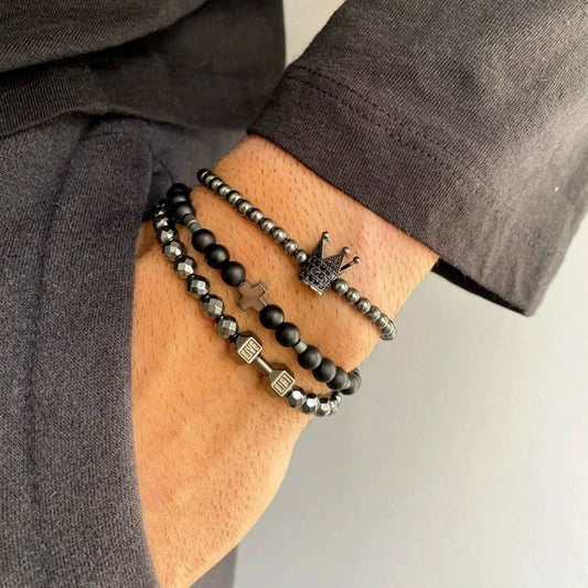 Unisex Handmade Black Gallstone Copper Alloy Geometric Beaded Bracelet With Cross Dumbbell Zircon Crown Design