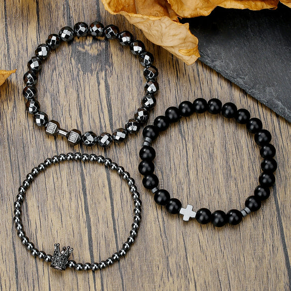 Unisex Handmade Black Gallstone Copper Alloy Geometric Beaded Bracelet With Cross Dumbbell Zircon Crown Design