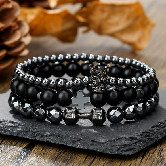 Unisex Handmade Black Gallstone Copper Alloy Geometric Beaded Bracelet With Cross Dumbbell Zircon Crown Design