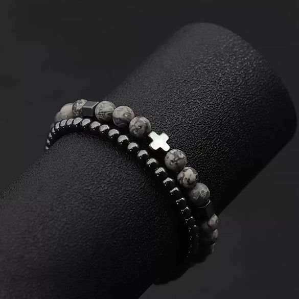 Unisex Handmade Copper Geometric Beaded Bracelet With Hematite Cross Natural Lava Tiger Eye