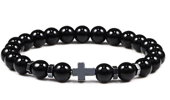 Unisex Handmade Copper Geometric Beaded Bracelet With Hematite Cross Natural Lava Tiger Eye