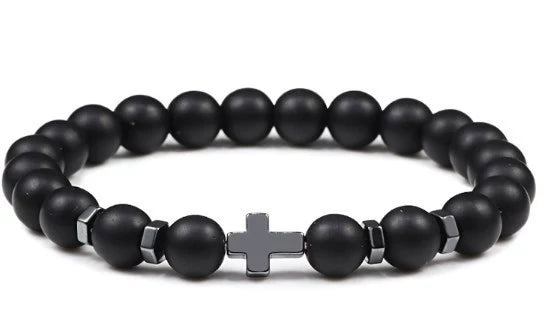 Unisex Handmade Copper Geometric Beaded Bracelet With Hematite Cross Natural Lava Tiger Eye