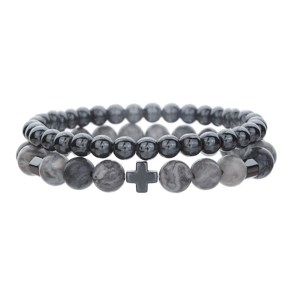Unisex Handmade Copper Geometric Beaded Bracelet With Hematite Cross Natural Lava Tiger Eye