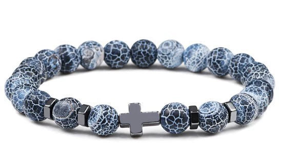 Unisex Handmade Copper Geometric Beaded Bracelet With Hematite Cross Natural Lava Tiger Eye