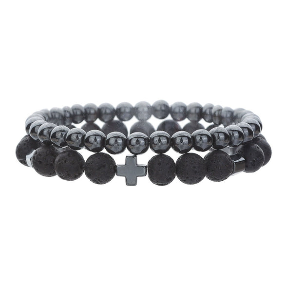 Unisex Handmade Copper Geometric Beaded Bracelet With Hematite Cross Natural Lava Tiger Eye