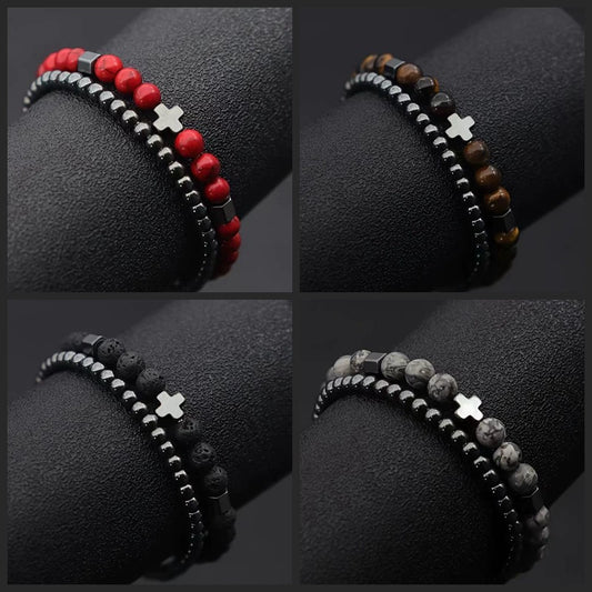 Unisex Handmade Copper Geometric Beaded Bracelet With Hematite Cross Natural Lava Tiger Eye