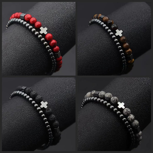 Unisex Handmade Copper Geometric Beaded Bracelet With Hematite Cross Natural Lava Tiger Eye