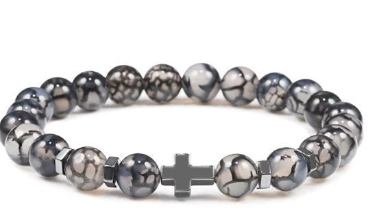 Unisex Handmade Copper Geometric Beaded Bracelet With Hematite Cross Natural Lava Tiger Eye