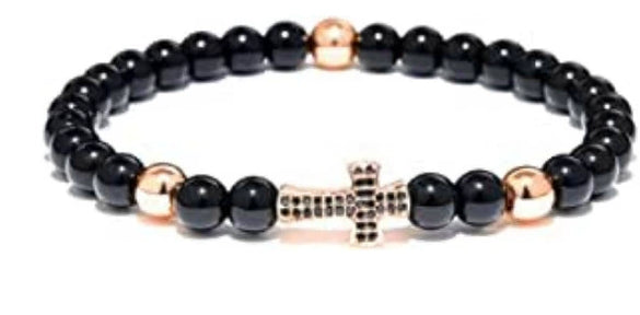 Unisex Handmade Copper Geometric Beaded Bracelet With Hematite Cross Natural Lava Tiger Eye
