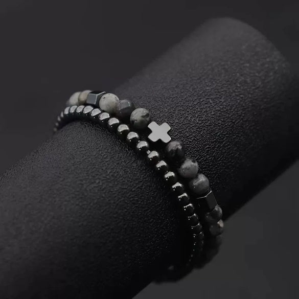 Unisex Handmade Copper Geometric Beaded Bracelet With Hematite Cross Natural Lava Tiger Eye