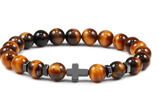 Unisex Handmade Copper Geometric Beaded Bracelet With Hematite Cross Natural Lava Tiger Eye