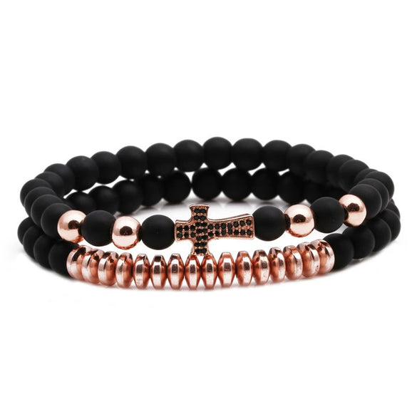 Unisex Handmade Copper Geometric Beaded Bracelet With Hematite Cross Natural Lava Tiger Eye
