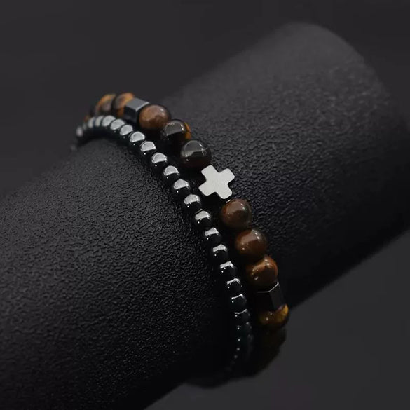 Unisex Handmade Copper Geometric Beaded Bracelet With Hematite Cross Natural Lava Tiger Eye