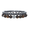 Unisex Handmade Copper Geometric Beaded Bracelet With Hematite Cross Natural Lava Tiger Eye