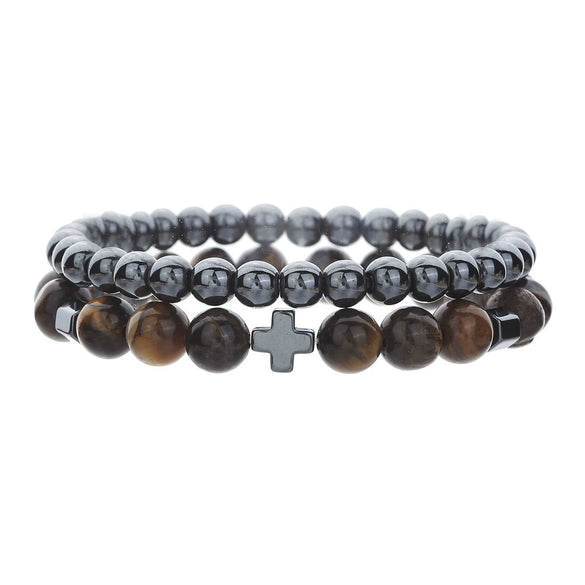 Unisex Handmade Copper Geometric Beaded Bracelet With Hematite Cross Natural Lava Tiger Eye