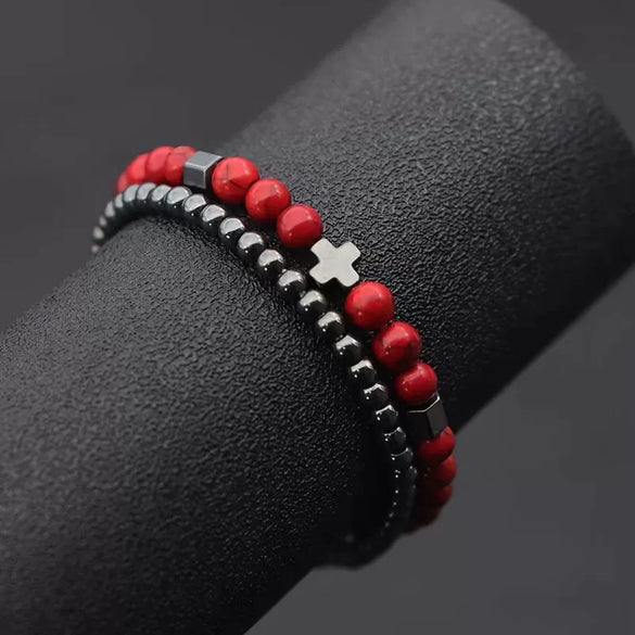 Unisex Handmade Copper Geometric Beaded Bracelet With Hematite Cross Natural Lava Tiger Eye