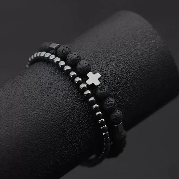 Unisex Handmade Copper Geometric Beaded Bracelet With Hematite Cross Natural Lava Tiger Eye