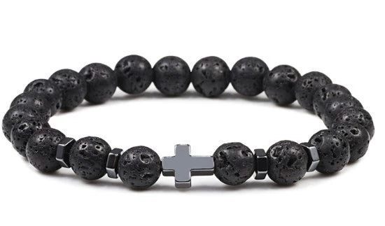 Unisex Handmade Copper Geometric Beaded Bracelet With Hematite Cross Natural Lava Tiger Eye